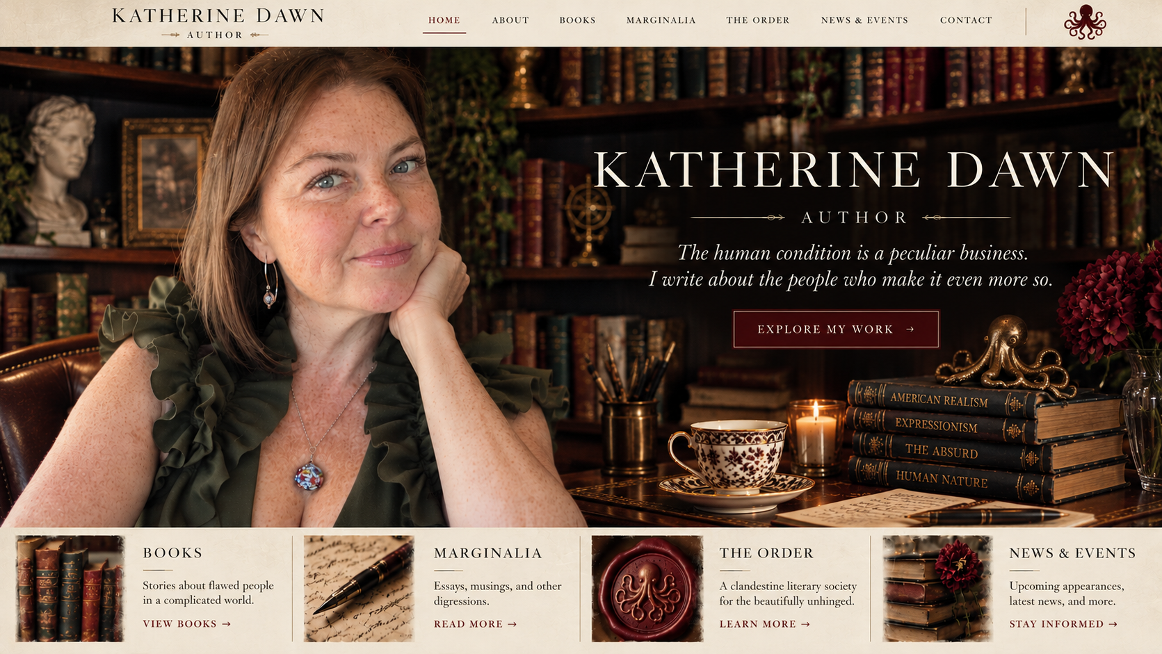 Katherine Dawn author homepage: portrait before a warm library, with the words The human condition is a peculiar business. I write about the people who make it even more so.